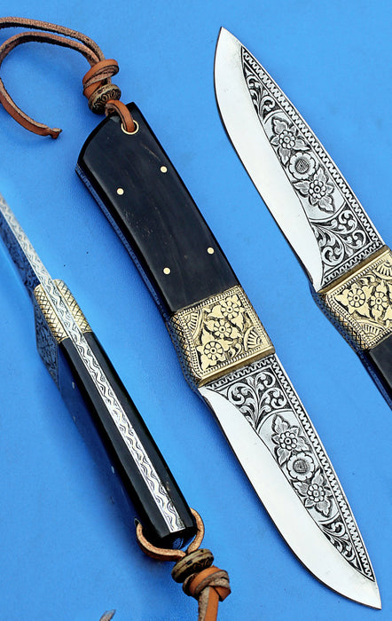 HTK - 279 Hand Engraved Knife/ Skinner / Hunting / Camping / Hand Made / Custom /Buffalo Horn  Handle / 440C Steel