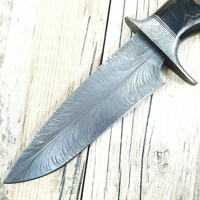 HTS-7 Damascus FEATHER Bowie // Custom // WENGE Wood Handle Amazing grains // Damascus Fittings / Feather Forged Pattern // Camp // Hunting - HomeTown Knives