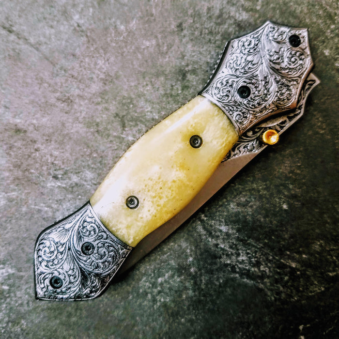 HTS-604 / 440C hand Engraved Folder / High End Art / Handcrafted / Hometown Knives / ONLY 1 on hand - HomeTown Knives