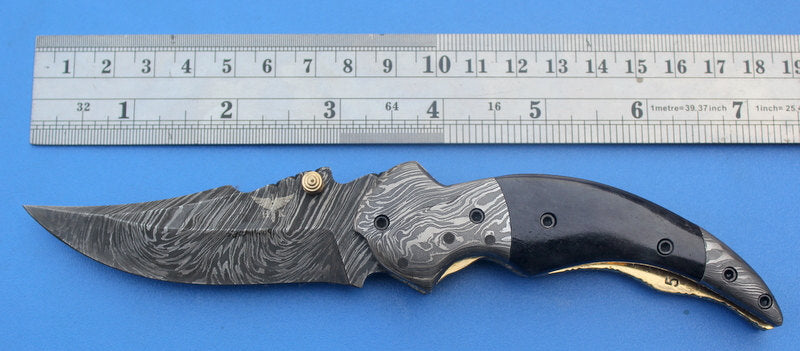 HTK-116 Damascus Folder / Hand Made / Custom / Buffalo Horn handle / Damascus steel bolster / Liner Lock - HomeTown Knives