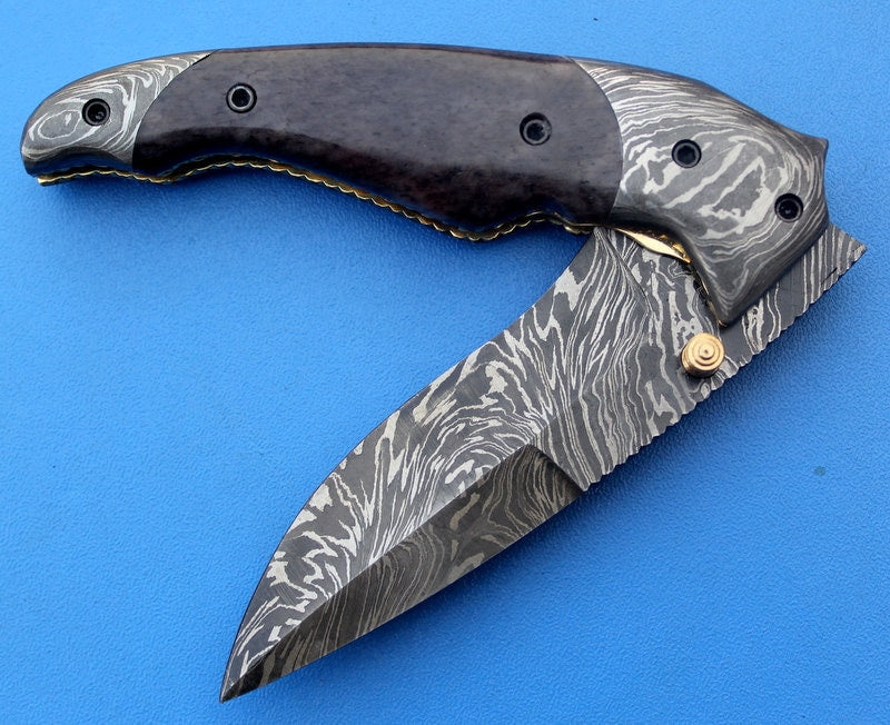 HTK-119 Damascus Folder / Hand Made / Custom / Color Camel Bone handle / Damascus steel bolster / Liner Lock - HomeTown Knives