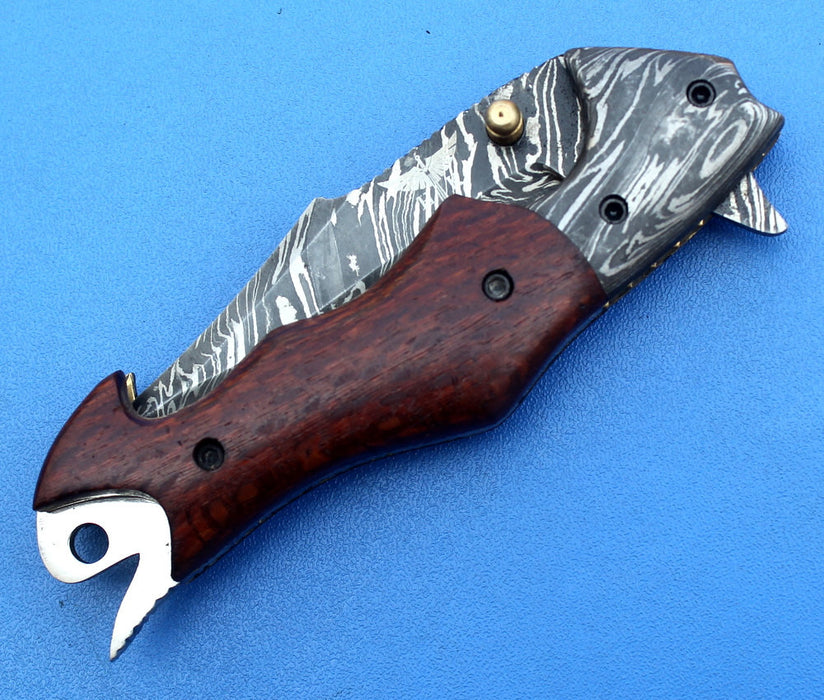 HTK -176 Damascus Folder / Hand Made / Custom / Lace Wood handle / Damascus steel bolster / Liner Lock - HomeTown Knives
