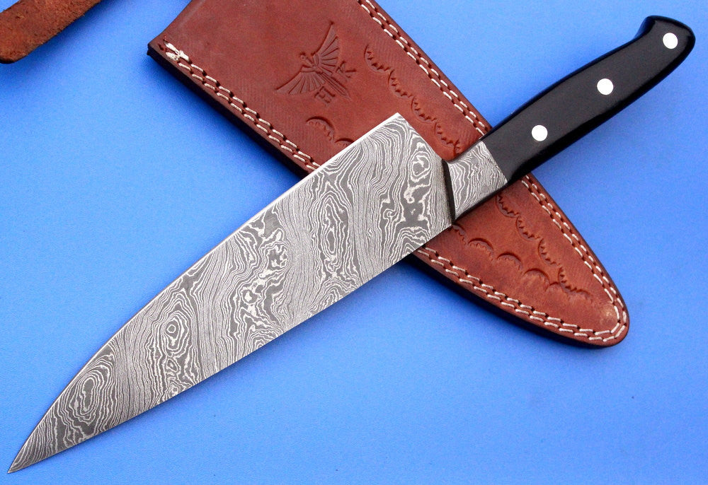 HT-62 (HTK-225) Damascus CHEF Knife / Kitchen/ Handmade / Custom / Forged / Micarta / Hand File Spine / Fighting - HomeTown Knives