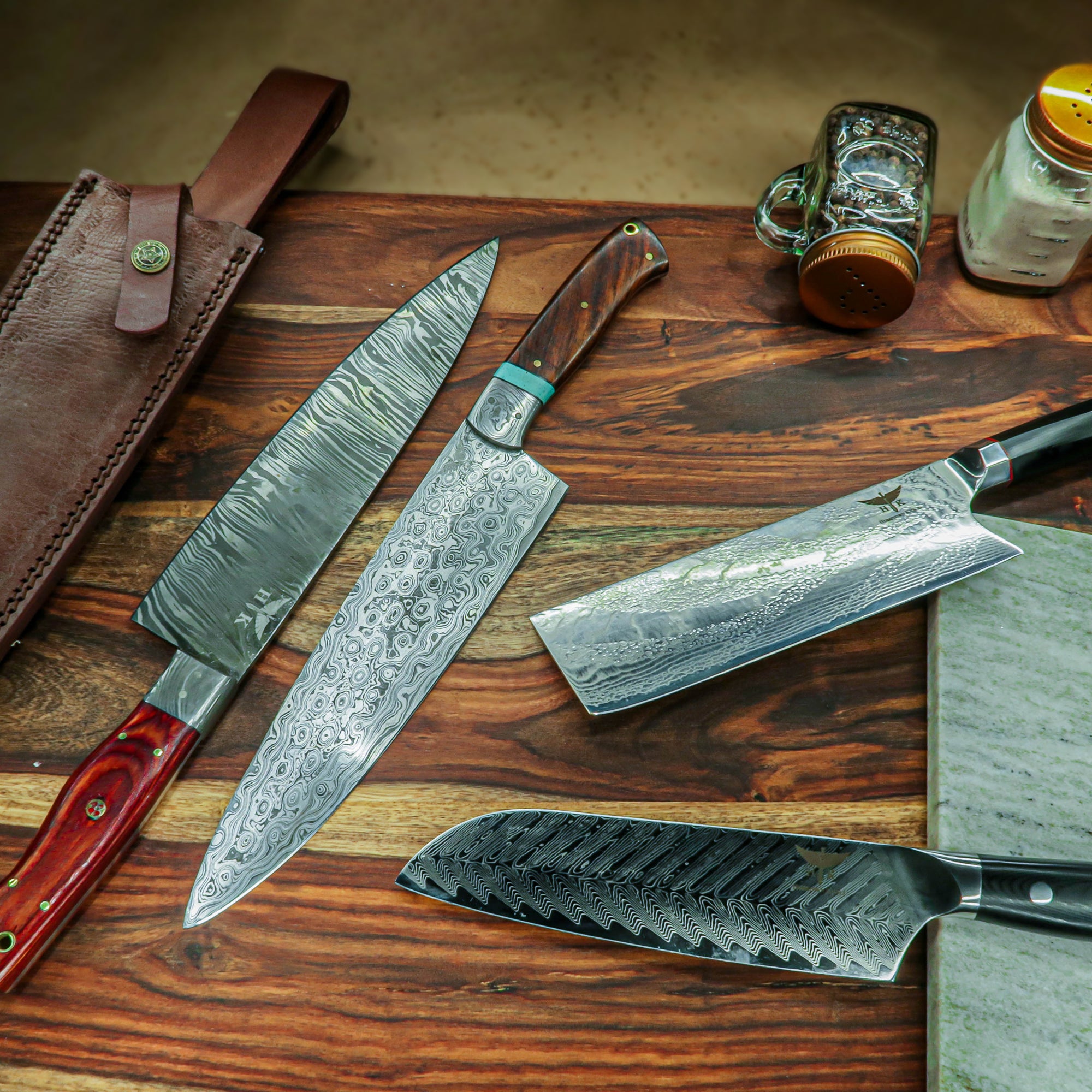 Hand Forged Damascus Chef Knife Colored wood engraved