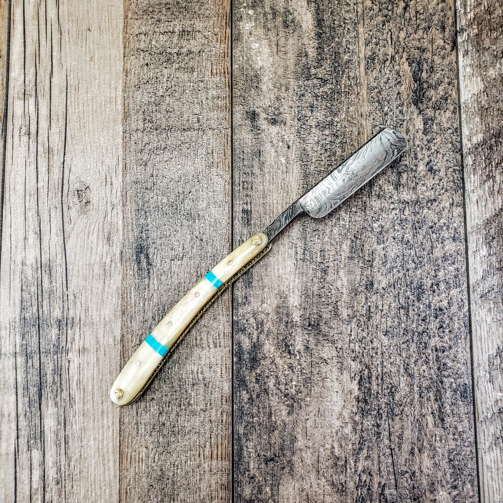 HTR-12 Damascus Straight Razor  // Authentic Shave Experience / Handmade / Bone Stone Handle // Hollow Ground