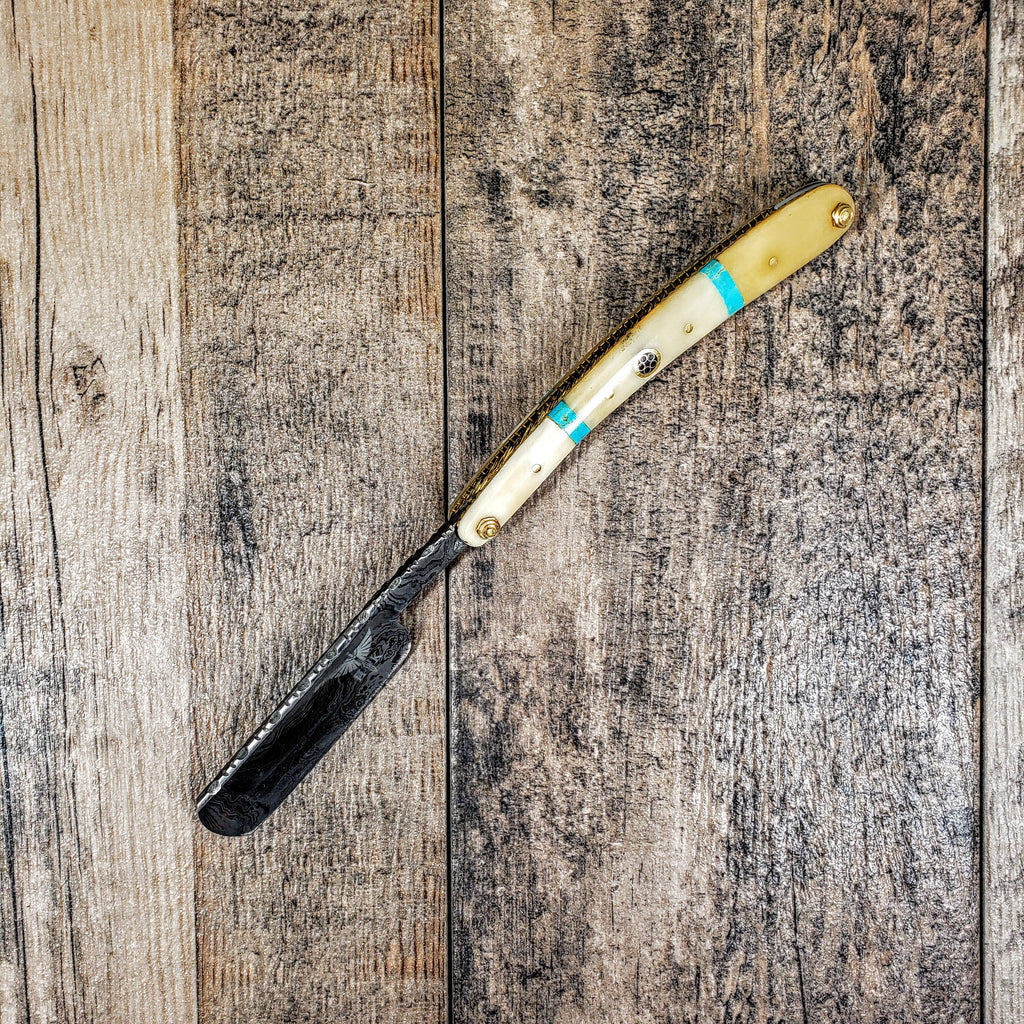 HTR-12 Damascus Straight Razor  // Authentic Shave Experience / Handmade / Bone Stone Handle // Hollow Ground