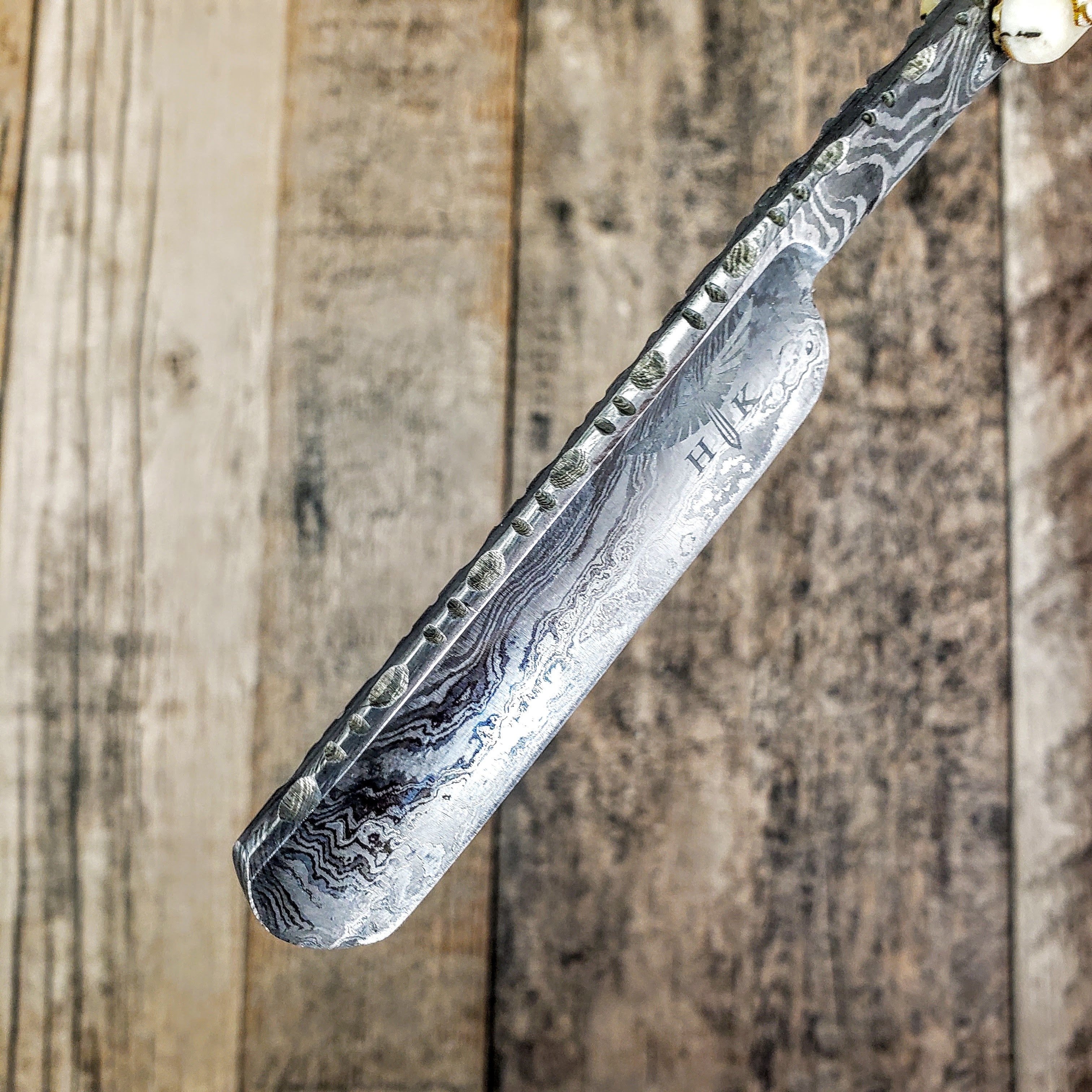 HTR-12 Damascus Straight Razor  // Authentic Shave Experience / Handmade / Bone Stone Handle // Hollow Ground