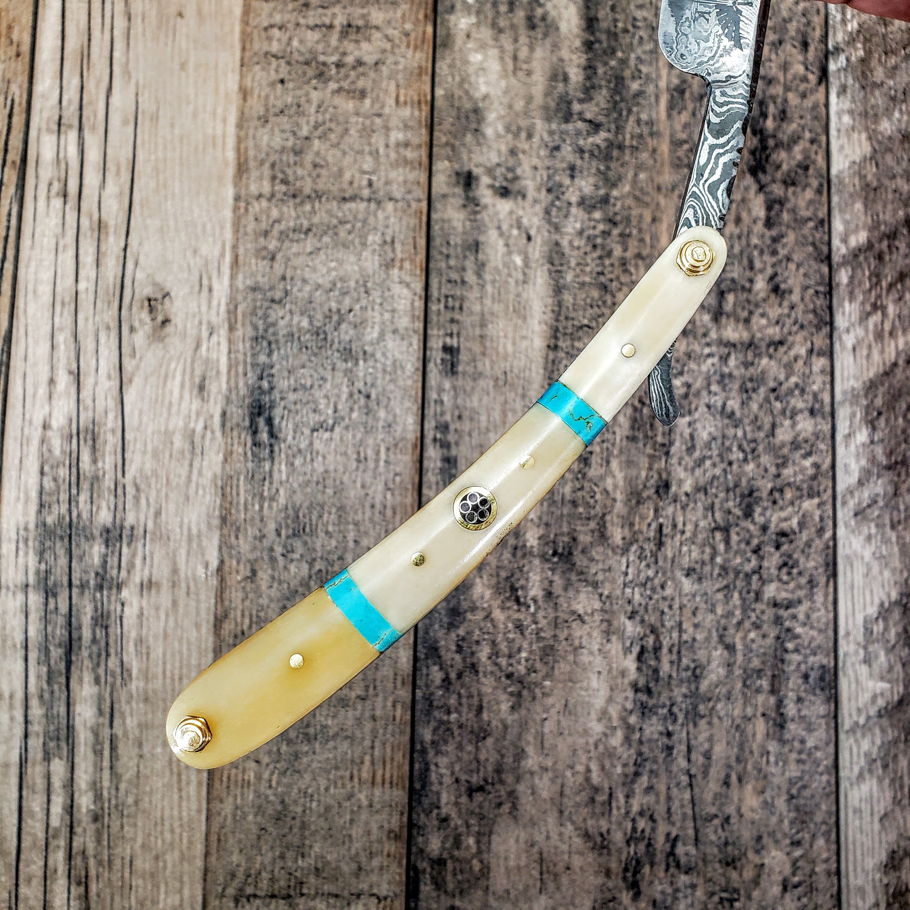 HTR-12 Damascus Straight Razor  // Authentic Shave Experience / Handmade / Bone Stone Handle // Hollow Ground