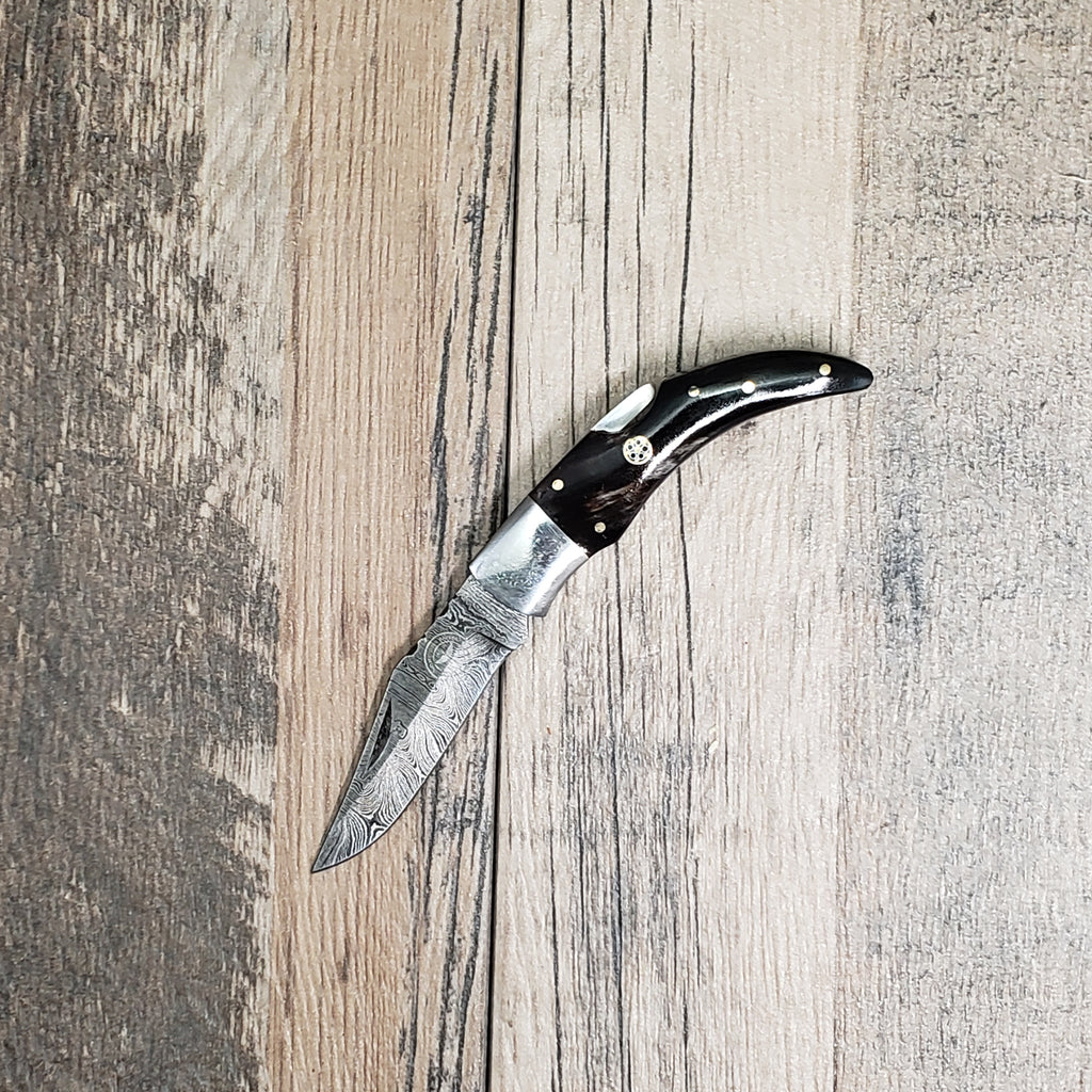 HomeTown Knives Damascus Curved Lock Back Horn Folder