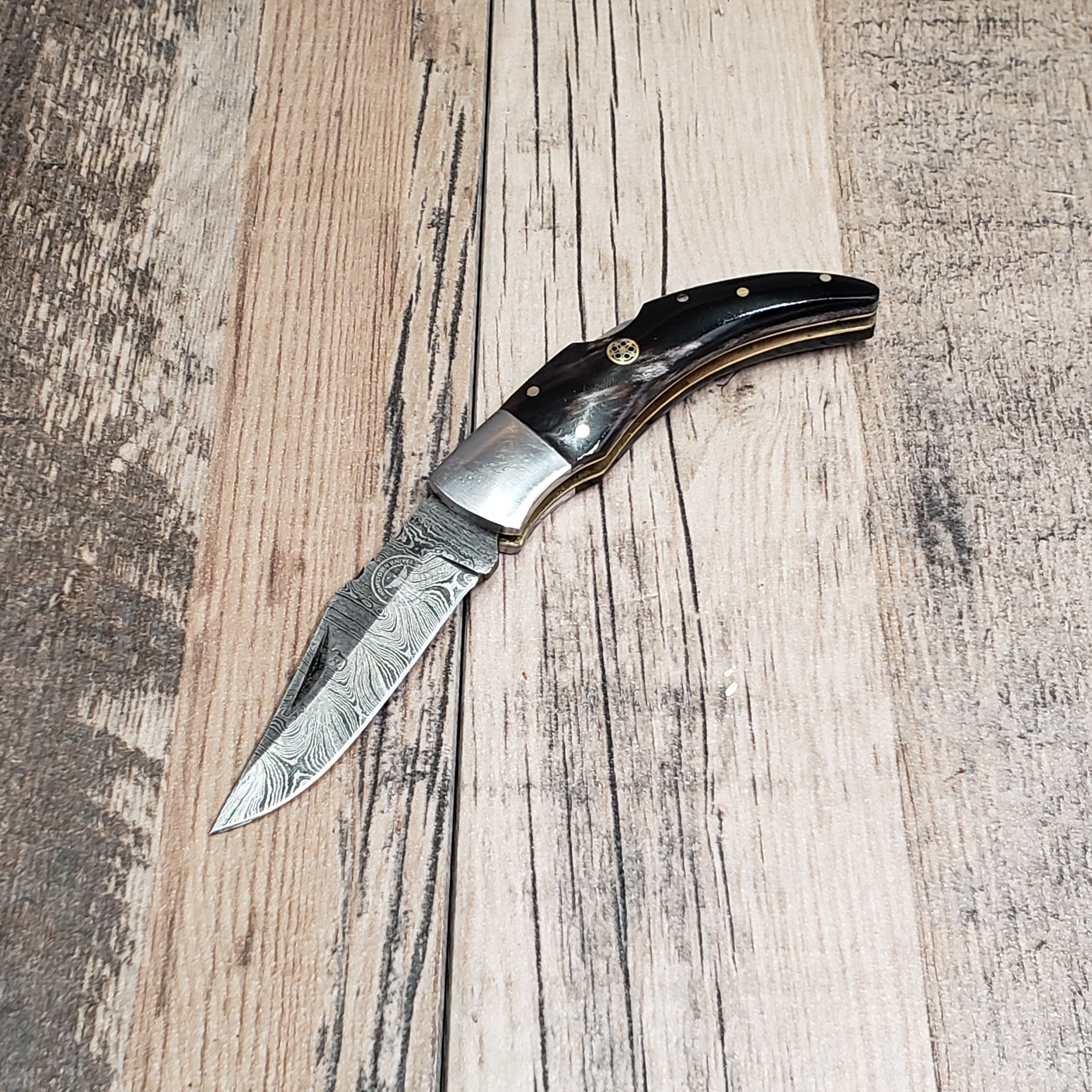 HomeTown Knives Damascus Curved Lock Back Horn Folder