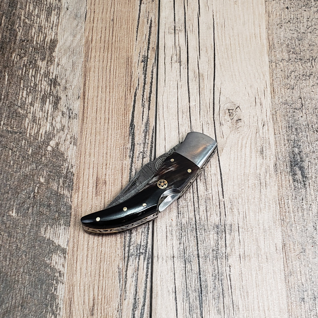 HomeTown Knives Damascus Curved Lock Back Horn Folder
