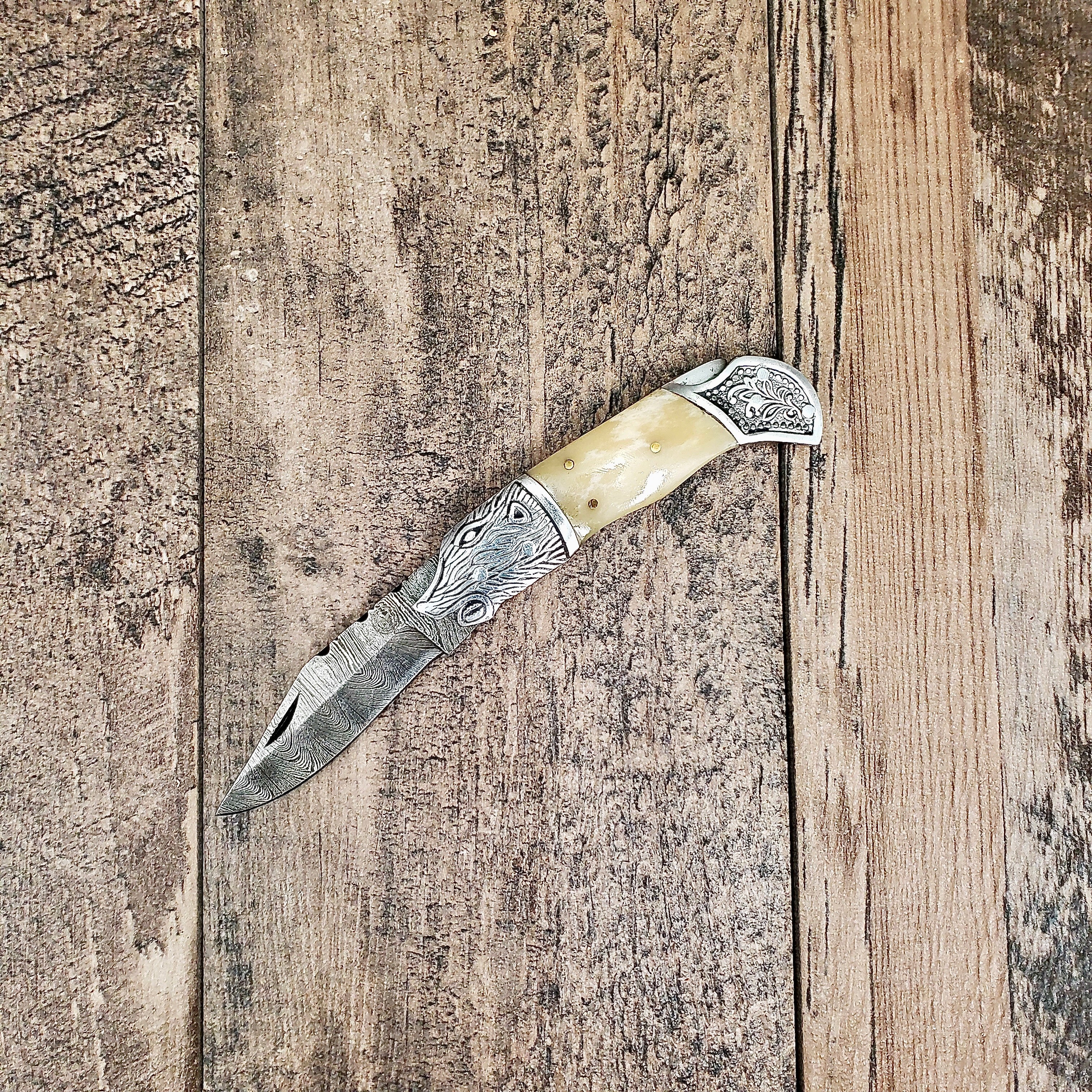 HomeTown Knives Damascus Bone Boar Head Folder Pocket Knife