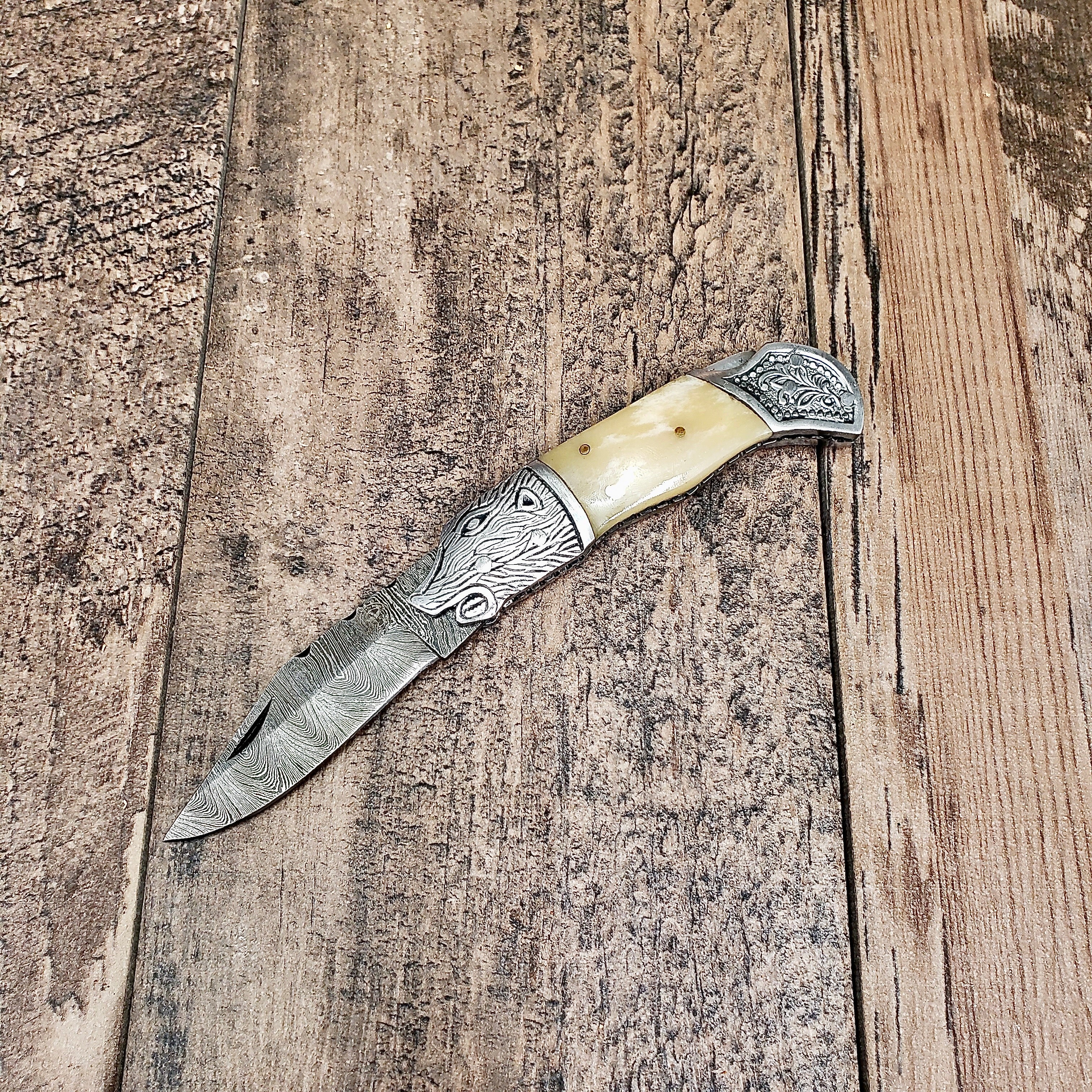 HomeTown Knives Damascus Bone Boar Head Folder Pocket Knife