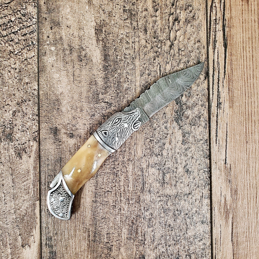 HomeTown Knives Damascus Bone Boar Head Folder Pocket Knife