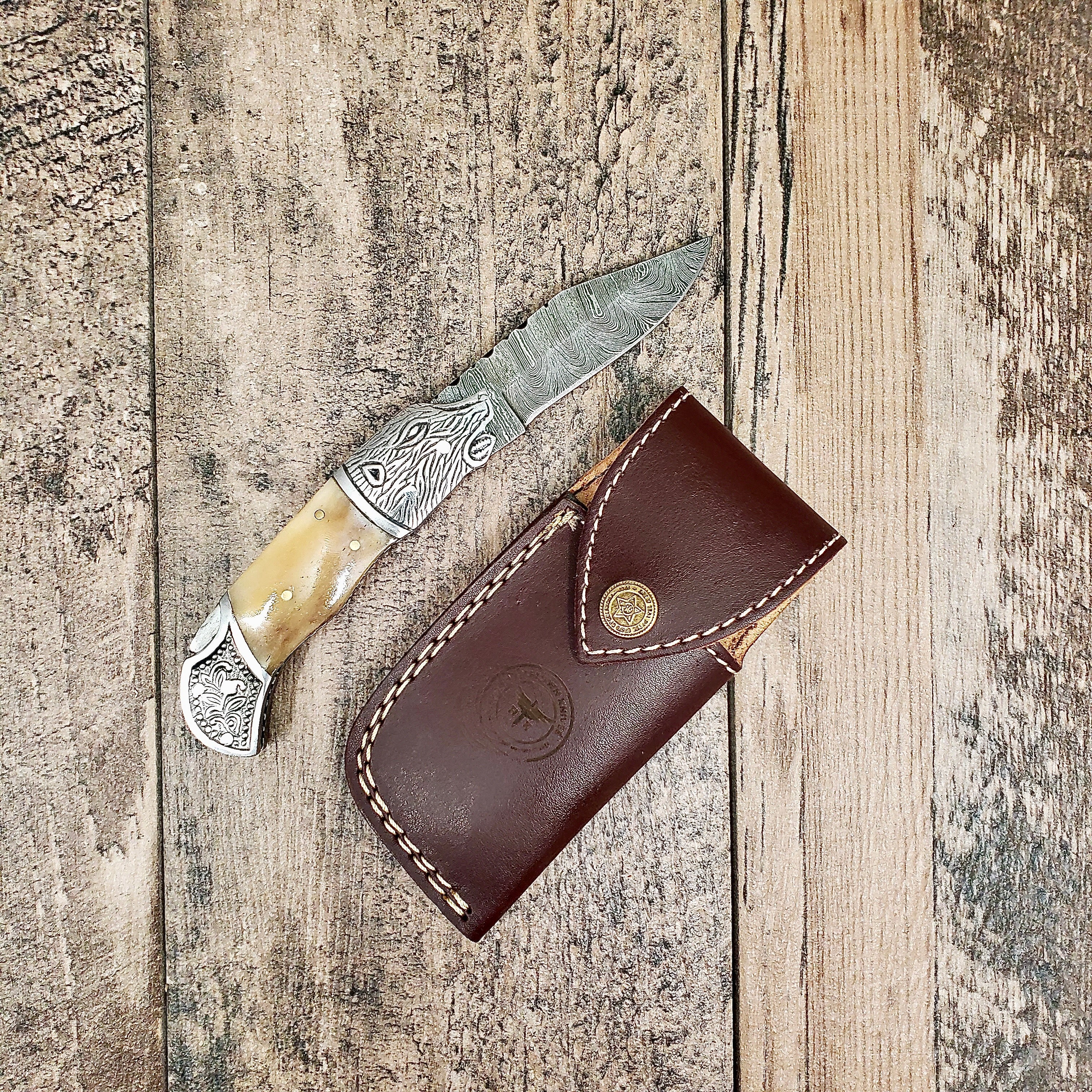 HomeTown Knives Damascus Bone Boar Head Folder Pocket Knife