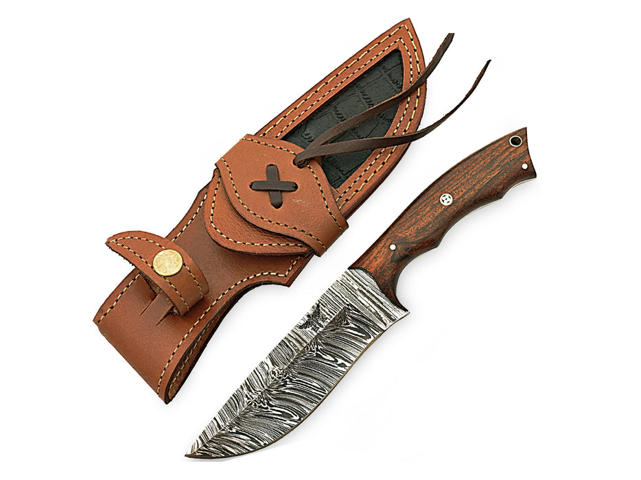 HTS3w HOMETOWN KNIVES Damascus Knife for Hunting - Fixed Blade Hunting Knife with Sheath - Damascus Steel Knife with Rose Wood Handle - 9.5 Inches Handmade Camping Knife