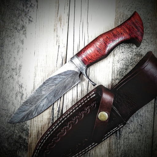 HTS-5 Damascus FEATHER Bowie // Custom // PADUK Wood Handle Beautiful Burls // Damascus Fittings / Feather Forged Pattern // Camp // Hunting - HomeTown Knives