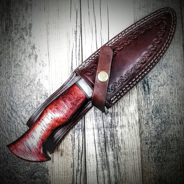 HTS-5 Damascus FEATHER Bowie // Custom // PADUK Wood Handle Beautiful Burls // Damascus Fittings / Feather Forged Pattern // Camp // Hunting - HomeTown Knives