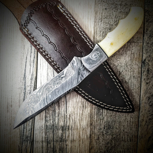 HTN-6G Grooved Hunting Damascus Knife // Handmade / Custom / Forged  / Curved Micarta Handle/ Survival Tool / Bushcraft / Field / Skinner - HomeTown Knives