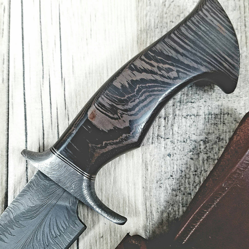 HTS-7 Damascus FEATHER Bowie // Custom // WENGE Wood Handle Amazing grains // Damascus Fittings / Feather Forged Pattern // Camp // Hunting - HomeTown Knives