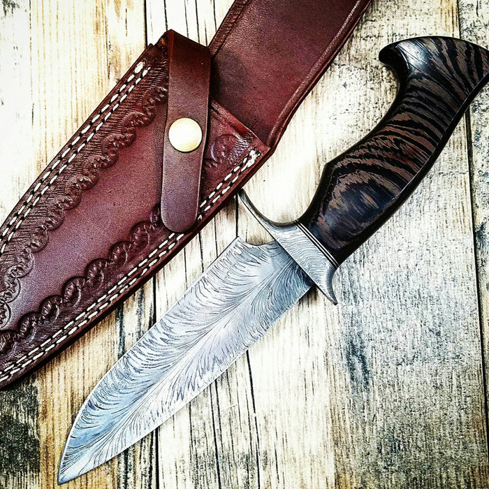 HTS-7 Damascus FEATHER Bowie // Custom // WENGE Wood Handle Amazing grains // Damascus Fittings / Feather Forged Pattern // Camp // Hunting - HomeTown Knives