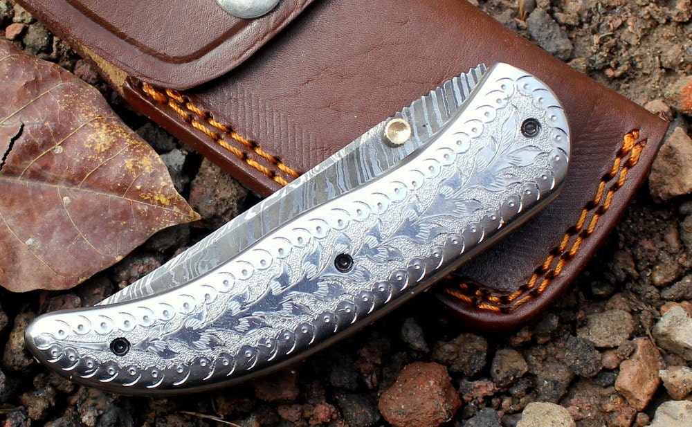 HTS-263 Damascus Folder / Hand Made / Custom / Stainless Steel handle / Liner Lock