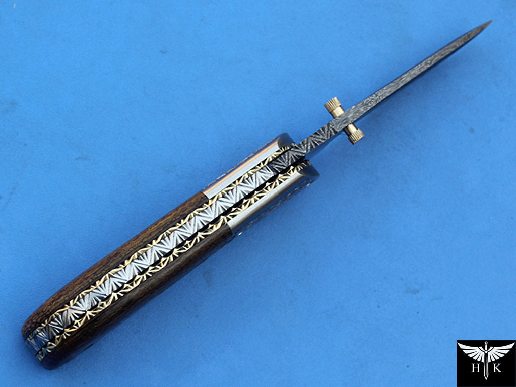 HTK-265  Damascus Knife custom handmade Folder / Micarta handle / Stainless steel bolster / Liner Lock