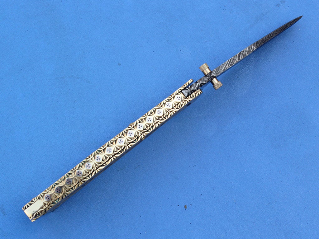 HTS-269 Engraved Brass Damascus knife  Custom Hand Made / Brass handle  / Liner Lock - HomeTown Knives