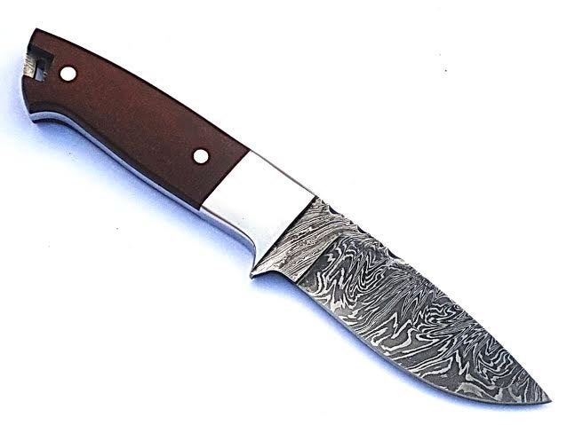 HTS-54 Minimalist Damascus Knife/ Skinner / Hunting / Camping / Full Hollow Ground / Custom / Brown Micarta Handle / Fire Pattern - HomeTown Knives