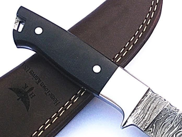HTS-53 Minimalist Damascus Knife/ Skinner / Hunting / Camping / Full Hollow Ground / Custom / Black Micarta Handle / Fire Pattern - HomeTown Knives