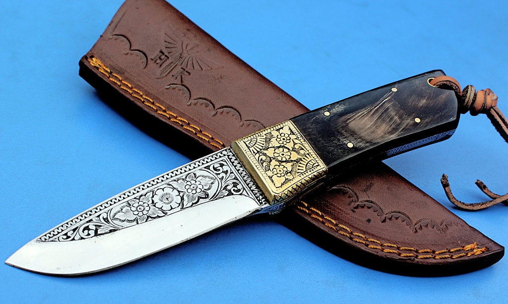 HTK - 279 Hand Engraved Knife/ Skinner / Hunting / Camping / Hand Made / Custom /Buffalo Horn  Handle / 440C Steel