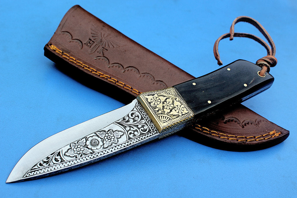 HTK-279 Knife/ Skinner / Hunting / Camping / Hand Made / Custom /Buffalo Horn  Handle / 1095 Steel - HomeTown Knives