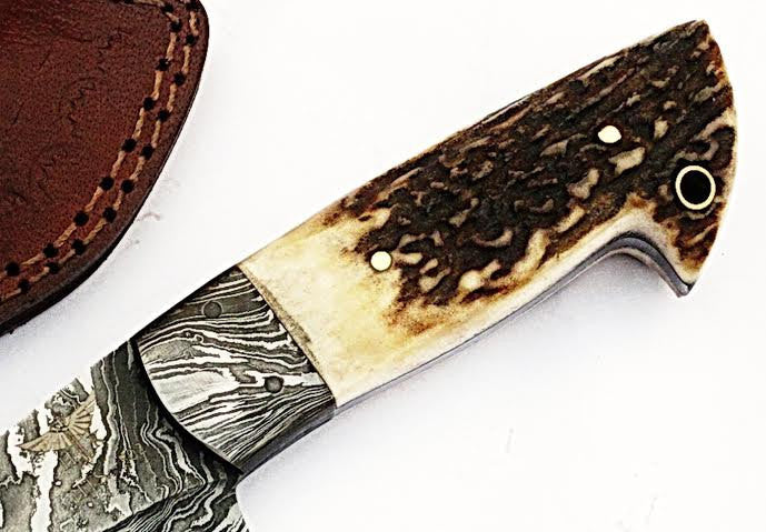 HTS-505  Damascus Knife custom handmade Skinner Knife / Stag Horn / Fire Pattern / Great quality / Camping / Hunting - HomeTown Knives