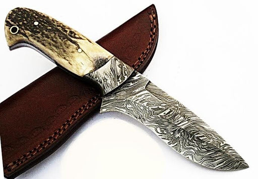 HTS-504  Damascus Knife custom handmade Skinner Knife / Stag Horn / Fire Pattern / Great quality / Camping / Hunting - HomeTown Knives