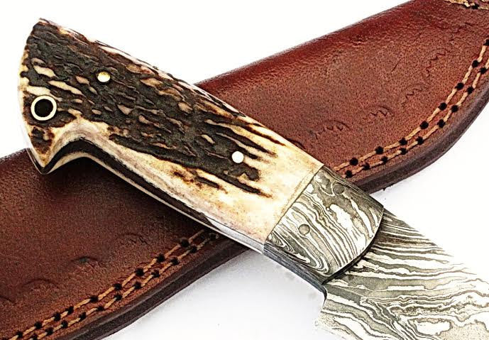 HTS-502  Damascus Knife custom handmade Skinner Knife / Stag Horn / Fire Pattern / Great quality / Camping / Hunting - HomeTown Knives
