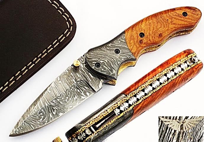 HTS-60 Damascus Folder / Hand Made / Custom / Olive Wood handle / Damascus steel bolster / Liner Lock - HomeTown Knives