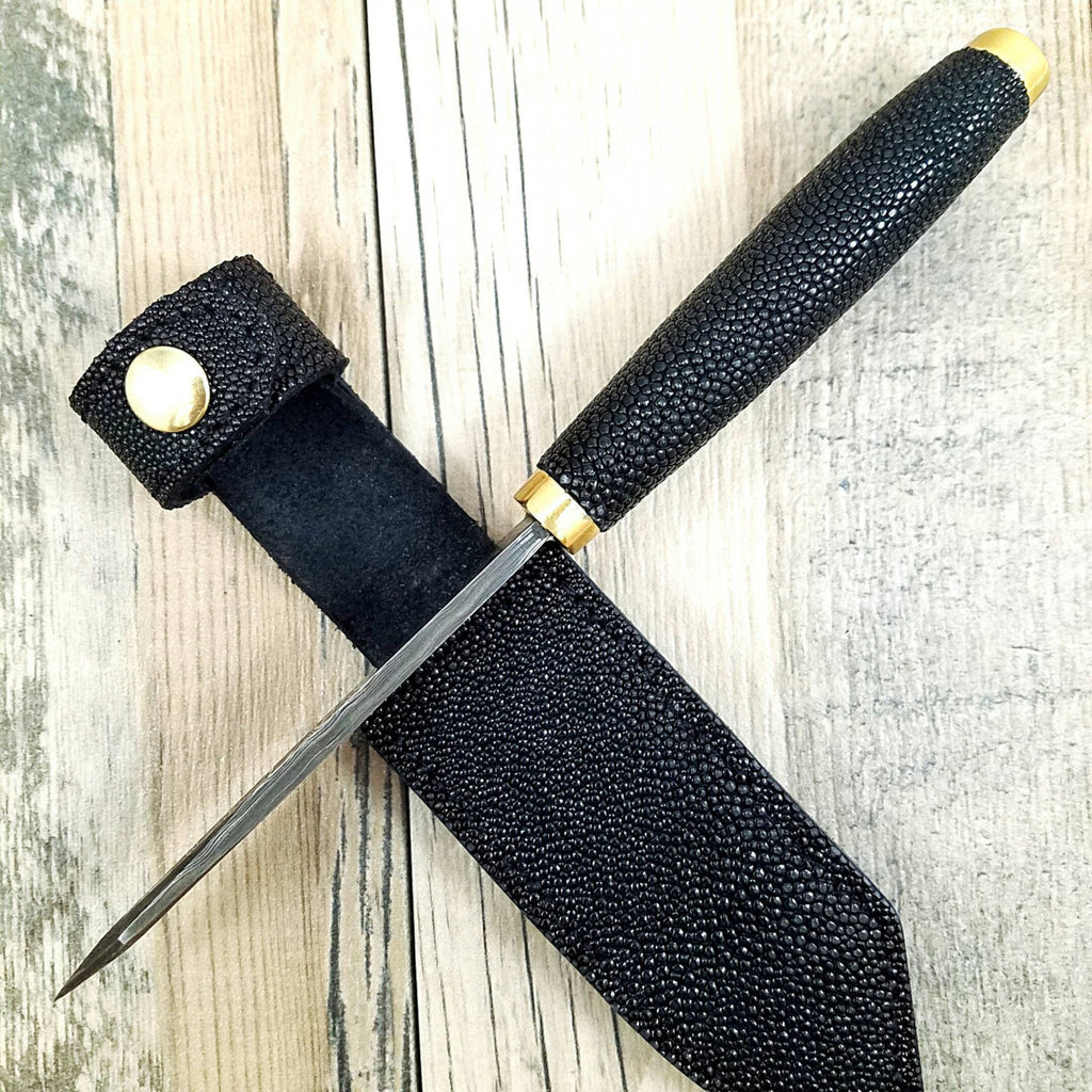 HTN12 Japenese Reverse Tanto with stingray wrapped handle.  Sanmai 3 layered Damascus with 1095 core. - HomeTown Knives