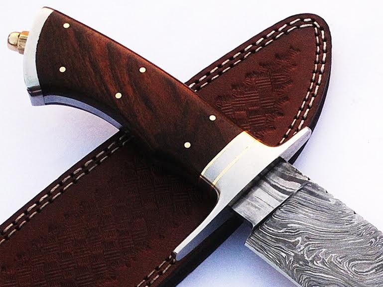 HTS-66 Damascus Handmade Bowie / Dark Brown Handle / Steel Fittings / Well Balanced / Hunter / Camping / Field Use / Bushcraft - HomeTown Knives