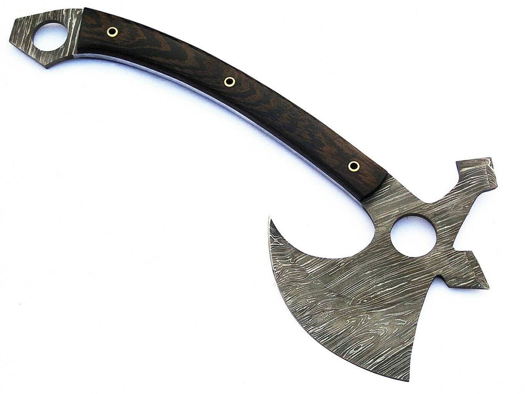 HTS-75 Damascus Handmade Tomahawk - Throwing Axe / Camping / Hunting / Chisel End / Skinner Sweep with Finger hole - HomeTown Knives