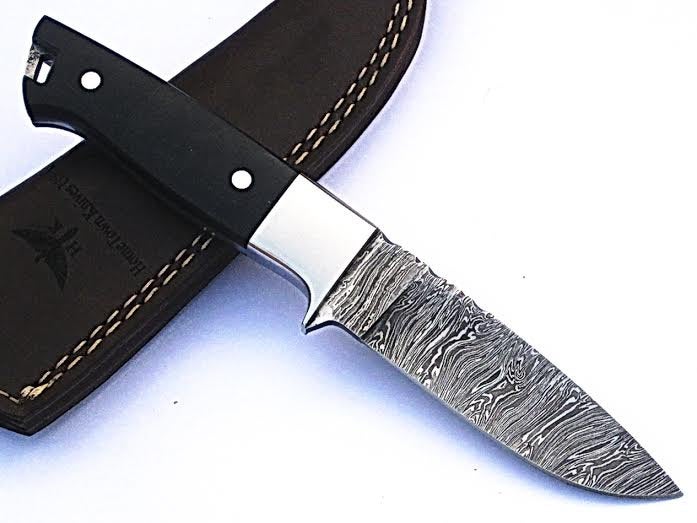 HTS-53 Minimalist Damascus Knife/ Skinner / Hunting / Camping / Full Hollow Ground / Custom / Black Micarta Handle / Fire Pattern - HomeTown Knives