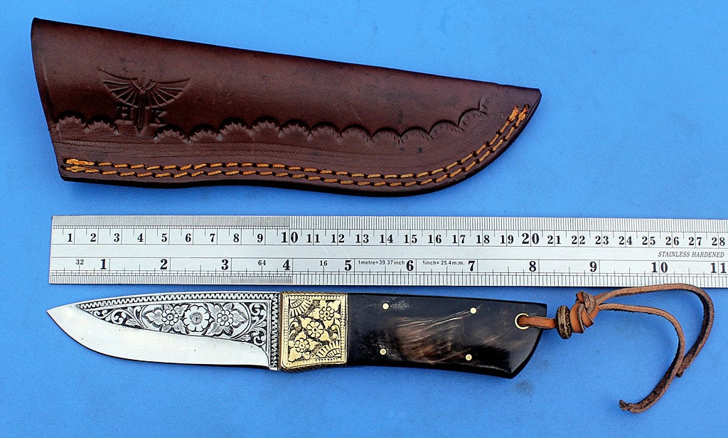 HTK - 279 Hand Engraved Knife/ Skinner / Hunting / Camping / Hand Made / Custom /Buffalo Horn  Handle / 440C Steel