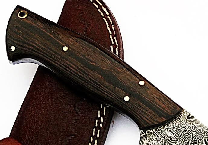 HTS-503  Mosiac Damascus // Custom handmade Skinner Knife / Hardwood Wenge  / Mosiac Pattern // Camping / Hunting / Hollow Grind - HomeTown Knives