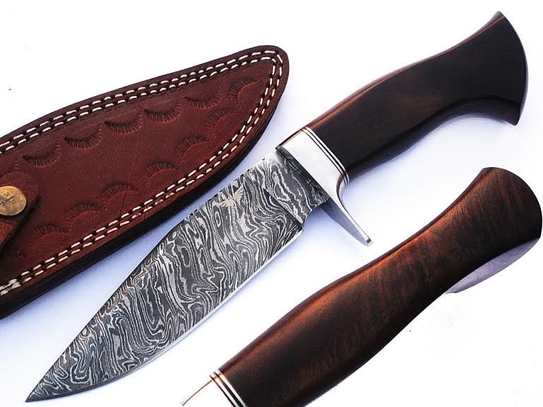 HTS-63 Damascus Knife Custom Handmade  Bowie / Rose wood Handle / Steel Fittings / Well Balanced / Hunter / Camping / Field Use / Bushcraft
