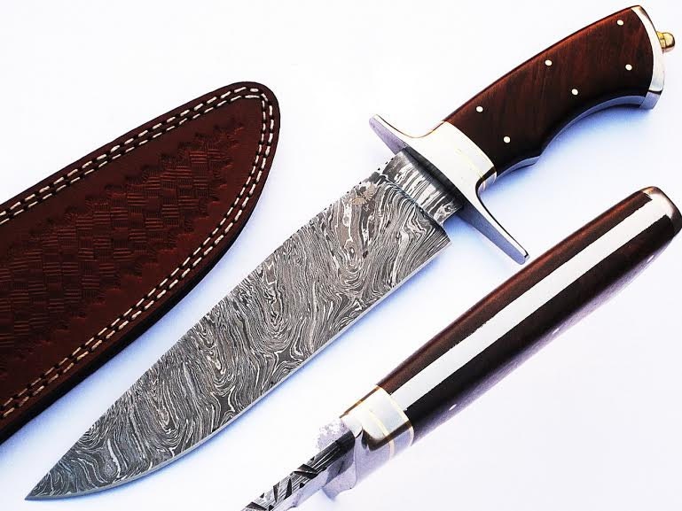 HTS-66 Damascus Handmade Bowie / Dark Brown Handle / Steel Fittings / Well Balanced / Hunter / Camping / Field Use / Bushcraft - HomeTown Knives