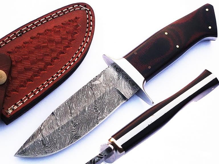 HTS-69 Damascus Handmade Knife / Dark Brown Handle / Steel Fittings / Well Balanced / Hunter / Camping / Field Use / Skinner