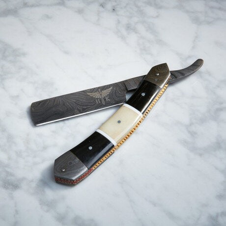 HTRN-1 Damascus Straight Razor  / SHAVE / Handmade / Custom / Forged / Olive Wood Handle / Hand Filed Spine / UTILITY - HomeTown Knives