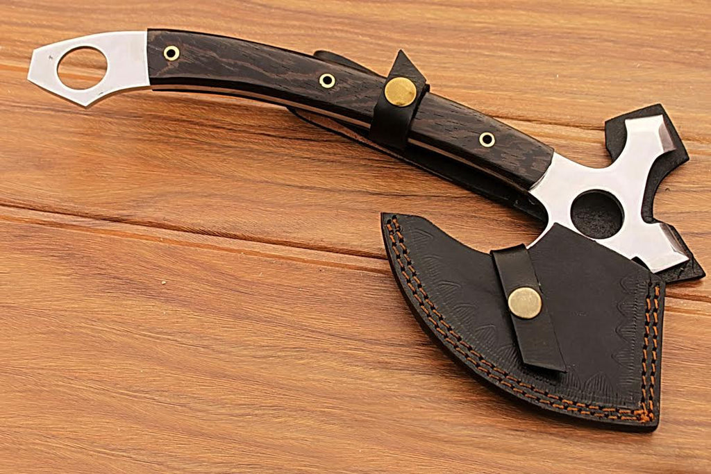 HTS-86 440C MIRROR Polished Handmade Tomahawk - Throwing Axe / Camping / Hunting / Chisel End / Skinner Sweep with Finger hole - HomeTown Knives