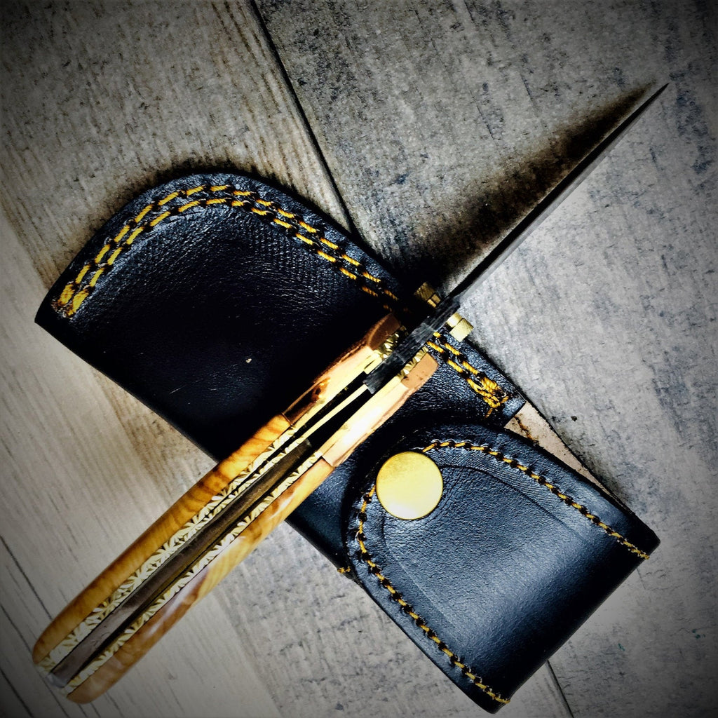 HTS-60c Damascus Folder with Copper Bolster and Engraved Bird / Hand Made / Custom / Olive Wood handle / Liner Lock - HomeTown Knives