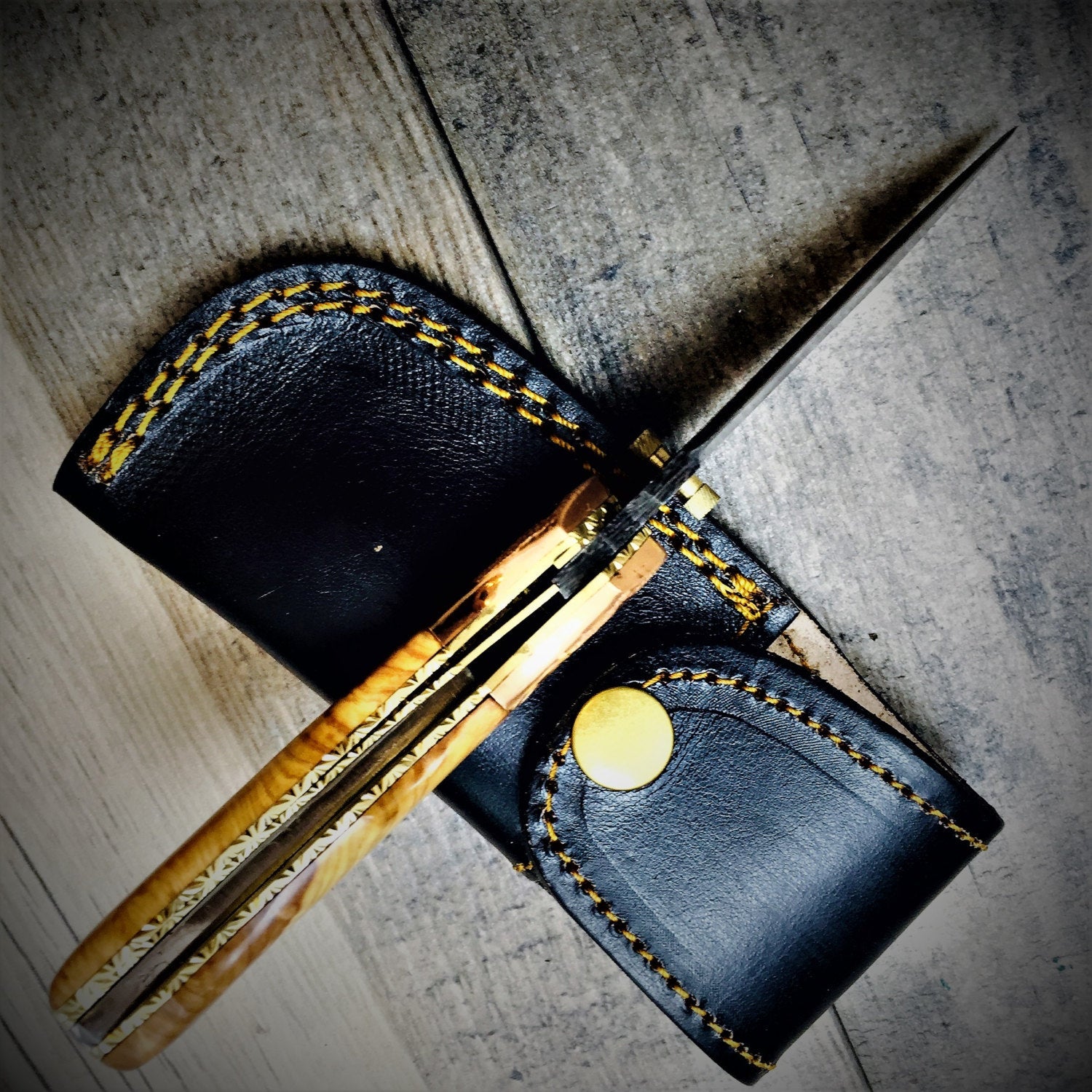 HTS-60c Damascus Folder with Copper Bolster and Engraved Bird / Hand Made / Custom / Olive Wood handle / Liner Lock - HomeTown Knives