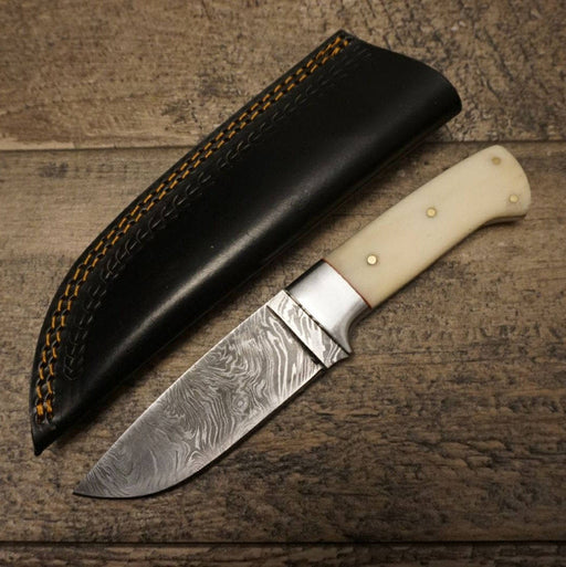 HTS-84 White Bone Skinner / 3.5" Blade / Hand Crafted and Hand Forged/ Damascus Steel / Fire Pattern - HomeTown Knives